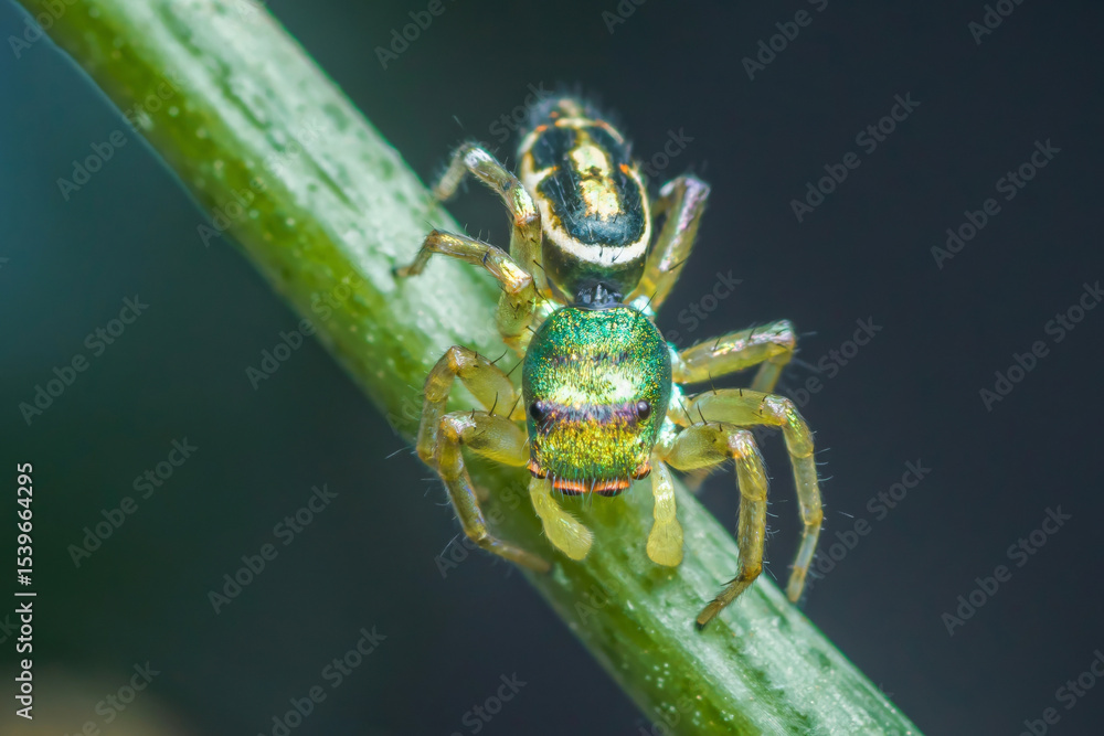 Fototapeta premium Metallic green jumping spider crawling on a plant stem