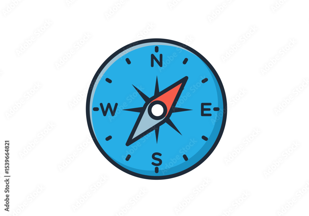 An illustration of a blue compass with black letters N W E and S and a red and gray needle An illustration of a blue compass with black letters N W E and S and a red and gray needle