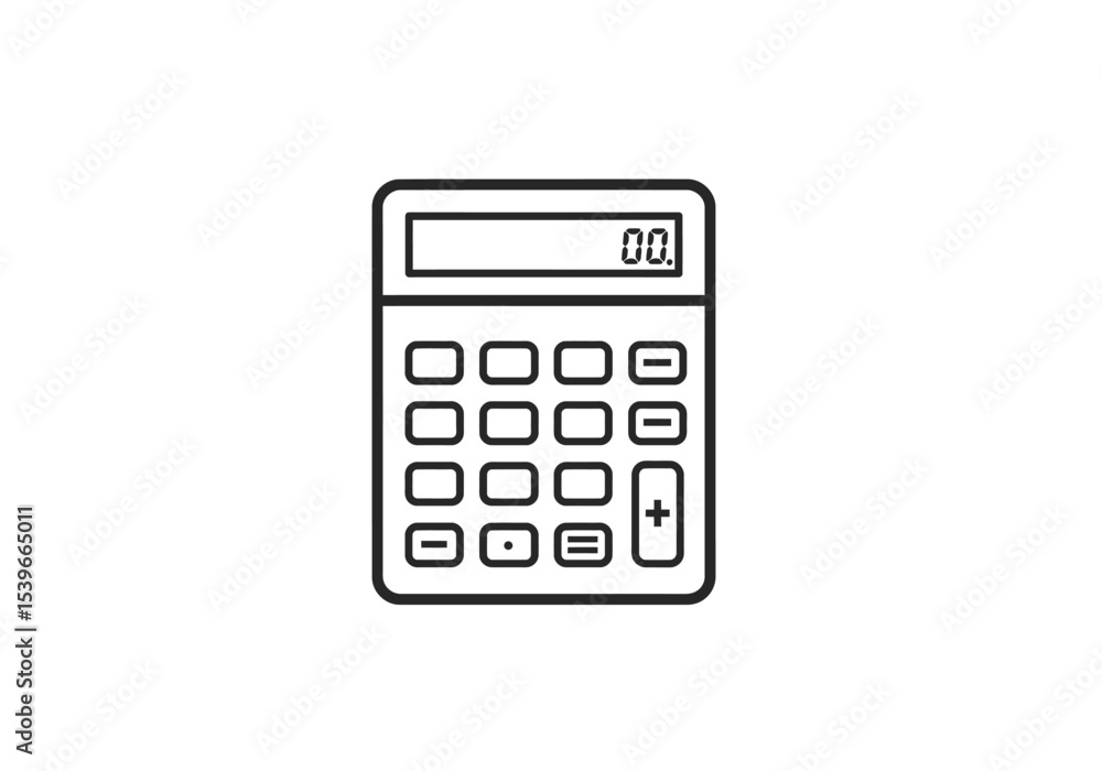 Black outlined calculator with number display showing 00 buttons and functions visible Black outlined calculator with number display showing 00 buttons and functions visible