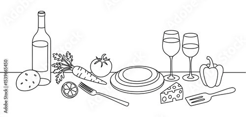 Simple Line Drawing of a Romantic Dinner Setting with Wine and Vegetables