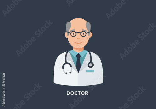 Man in white lab coat bald glasses stethoscope smiling necktie and a black background