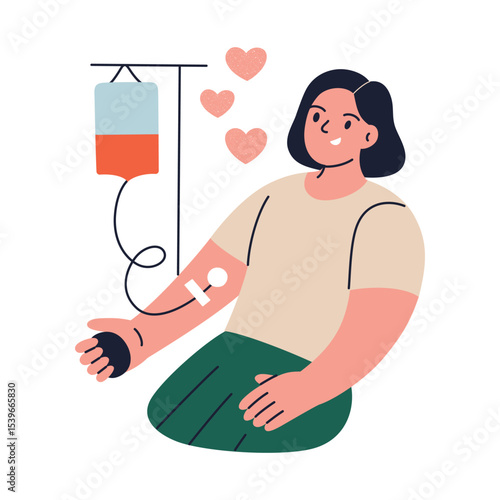 Vector illustration of woman donating blood in flat cartoon style. Medical volunteer activity, charity support, healthcare, community care. Scene for educational, nonprofit and awareness projects