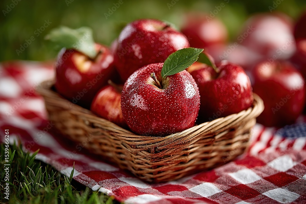 Basket of red apples and american flag on red and white checkered tablecloth on grass. High quality Basket of red apples and american flag on red and white checkered tablecloth on grass. High quality