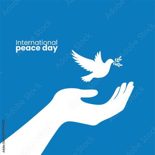 Flat vector illustration with dove and olive branch representing international unity and nonviolence, suitable for Peace Day graphics.