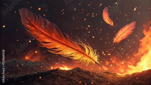 A background made of gently burning phoenix feathers, ember trails and glowing ashes in the air, fiery and mythical tone