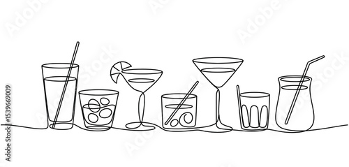 Continuous Line Drawing of Assorted Cocktails and Drinks