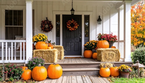 Autumn porch d?cor, pumpkins, wreaths, fall
