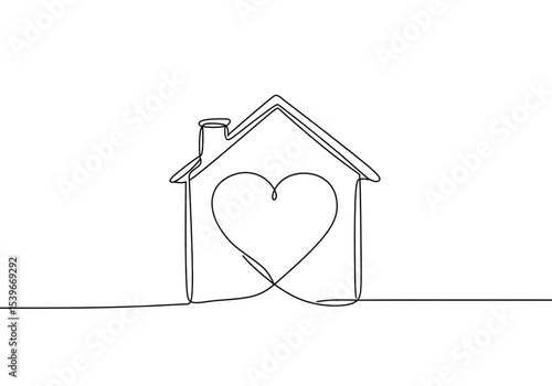 Single line drawing of a house with a heart inside on a white background minimal and modern design