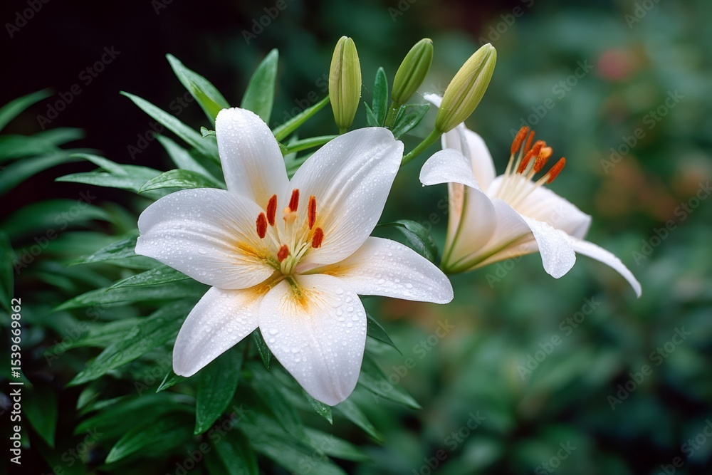 Fototapeta premium White lilies blooming in spring garden with water drops