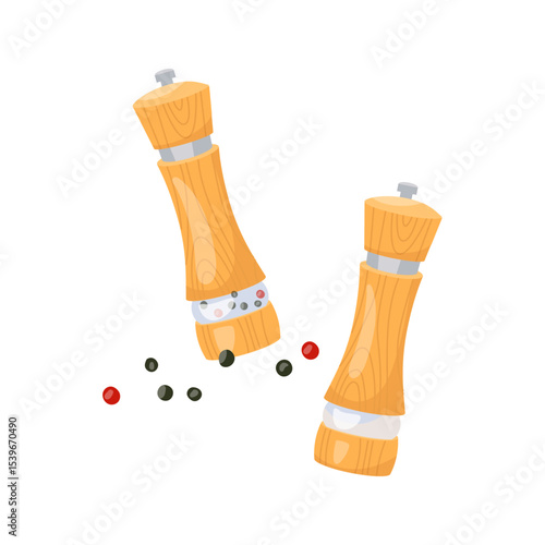 Pepper and salt in wooden hand mills. Vector illustration of salt shaker and black pepper grinder. Design element of bottles filled with condiments or seasonings isolated on white background
