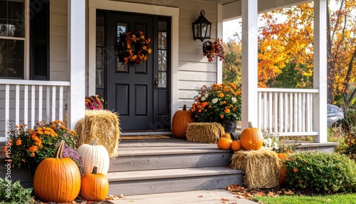 Autumnal front porch decorated with pumpkins, floral arrangements, and hay bales