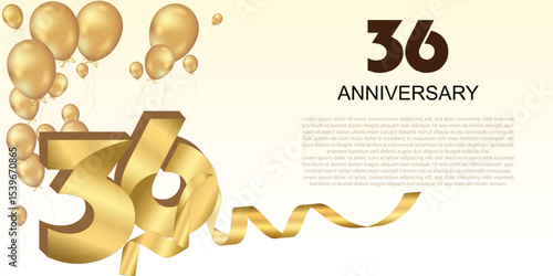 Elegant 36th anniversary celebration with golden balloons, ribbon, and bold 3D numbers. Perfect for greeting cards, banners, or party invitations. Luxurious and festive vector design.