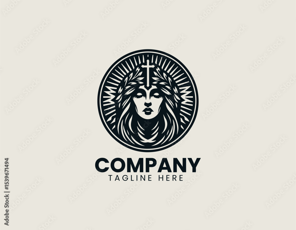 Fototapeta premium Dark feminine unholy entity with twisted horns and glowing eyes in a menacing vector logo illustration