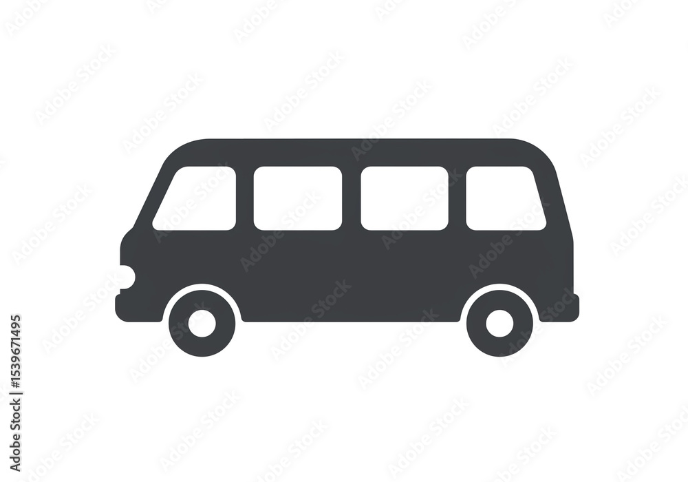 A simple dark gray van with white windows and wheels on a plain white background in a side profile view A simple dark gray van with white windows and wheels on a plain white background in a side profile view