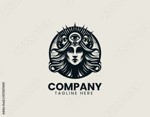 Dark feminine unholy entity with twisted horns and glowing eyes in a menacing vector logo illustration