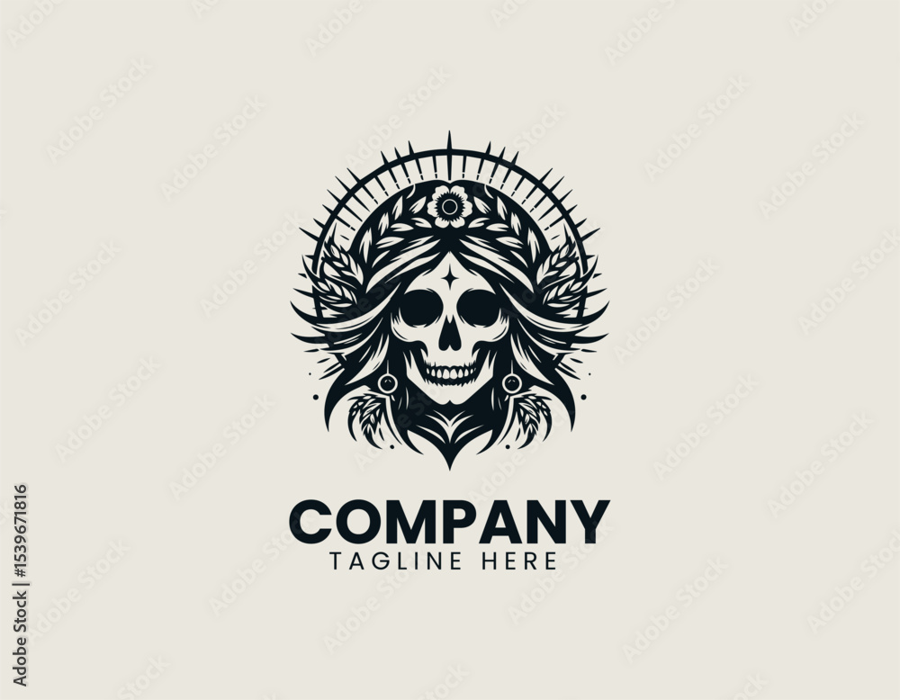 Modern feminine skull with geometric patterns and clean lines for a stylish vector logo illustration Modern feminine skull with geometric patterns and clean lines for a stylish vector logo illustration