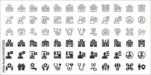 Healthcare icon set. Doctor and hospital icon. Icon set contains hospital, doctor, consultation, clinic, stethoscope, nurse, health insurance, family, emergency, online service. Vector illustration.