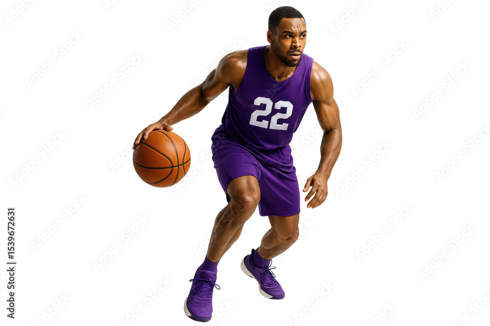 Basketball Player in Action: A focused basketball player dribbles the ball with agility, showcasing dynamic movement and athletic prowess, in a visually striking image that exudes determination. Basketball Player in Action: A focused basketball player dribbles the ball with agility, showcasing dynamic movement and athletic prowess, in a visually striking image that exudes determination.