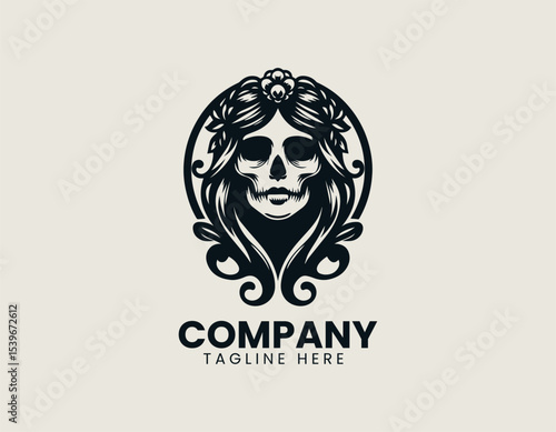 A vintage-inspired lady skull with decorative elements and soft shading in a sophisticated vector logo design