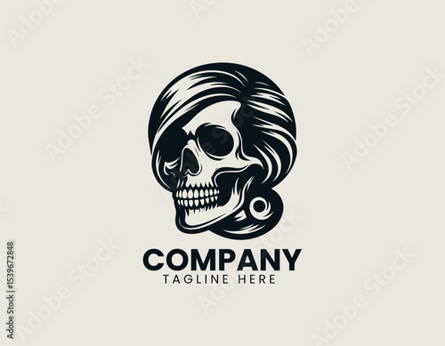 A vintage-inspired lady skull with decorative elements and soft shading in a sophisticated vector logo design