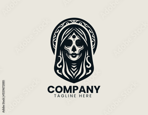 An elegant lady skull head with floral crown and intricate details in a gothic vector logo illustration