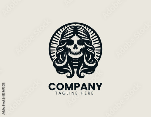 An elegant lady skull head with floral crown and intricate details in a gothic vector logo illustration