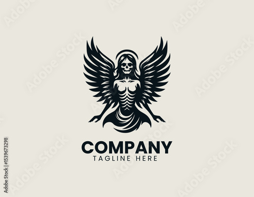 Geometric winged female silhouette with integrated skull elements for a modern vector logo identity