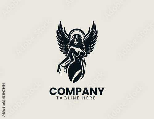 Mythological winged woman with skull-faced visage in an ornate gothic vector logo illustration