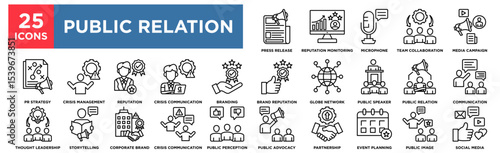 Public Relation icon collection set. Containing team collaboration,public speaker,reputation,press release,public image Simple line vector.