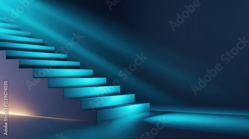 Confident Goal Program concept. Illuminated staircase with blue light against a dark background.