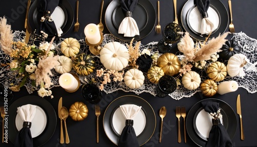 Black and gold Halloween table setting