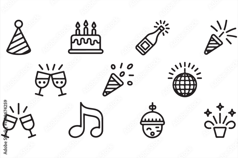 Fototapeta premium Vector illustration of festive party icons including birthday cake, champagne, party hats, and disco ball in clean black line style
