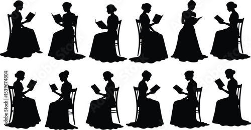 Collection of Elegant Victorian Women Reading Books, Diverse Silhouettes Capturing Literacy, Education, and Timeless Feminine Hobbies.