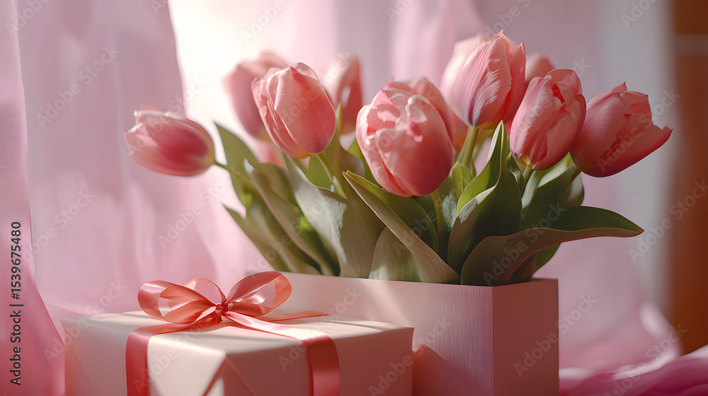 Fototapeta premium Tulips with a wrapped present on a pink backdrop symbolizing celebratory and heartfelt occasions