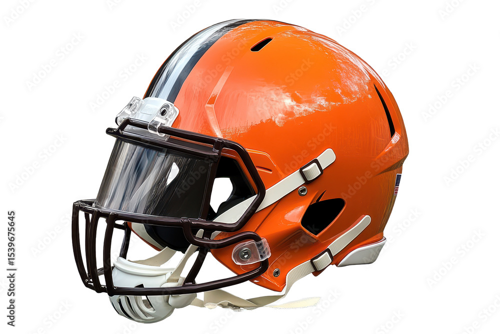 Fototapeta premium Orange American football helmet with a clear visor isolated on a transparent background showcasing modern design and craftsmanship for sports enthusiasts and collectors