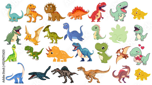 Collection of cartoon dinosaurs featuring various species and vibrant colors on white background
