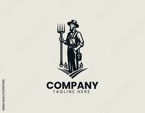 Retro farmer illustration holding a steel garden fork in a circular badge-style vector logo for gardening businesses