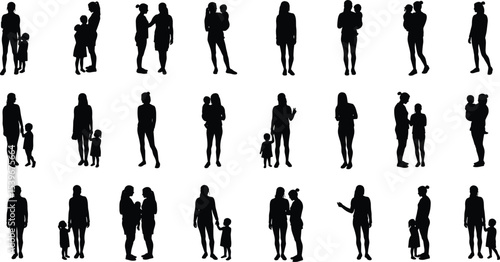 Set of Diverse Mother and Child Silhouettes, Depicting Various Poses and Interactions, Representing Family Bonds, Parenthood, and Childhood.