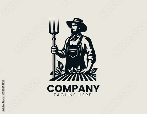 Retro farmer illustration holding a steel garden fork in a circular badge-style vector logo for gardening businesses