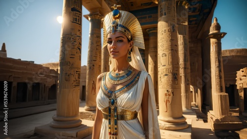 Elegant ancient Egyptian queen standing in golden sunlight among hieroglyph-covered columns, adorned in ceremonial jewelry and royal attire. Portrait of a majestic Egyptian empress. Nefertiti. 1