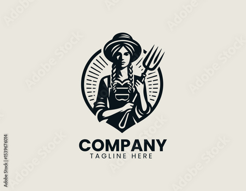 Wholesome vintage farmer holding a three-pronged garden fork in detailed vector logo design for farm products