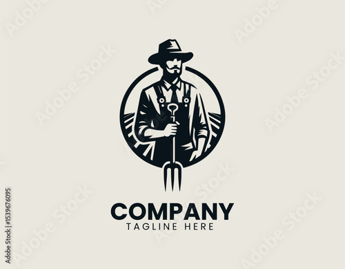 Wholesome vintage farmer holding a three-pronged garden fork in detailed vector logo design for farm products