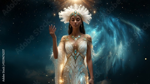 Celestial goddess in a radiant feathered gown surrounded by starlight, glowing with magic and grace in the depths of the cosmos. Ethereal cosmic queen dressed in light and feathers. 1