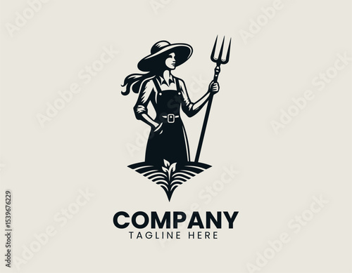 Wholesome vintage farmer holding a three-pronged garden fork in detailed vector logo design for farm products