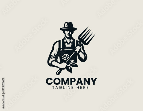 A vintage-style farmer character holding a wooden garden fork in a rustic vector logo illustration for agricultural branding