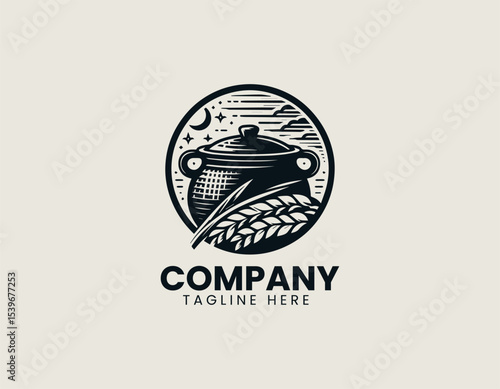 Ornate vintage cooking pot with overflowing rice and wheat bundle in detailed vector logo illustration