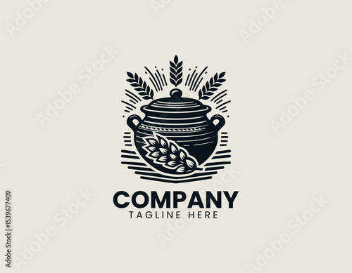 Ornate vintage cooking pot with overflowing rice and wheat bundle in detailed vector logo illustration