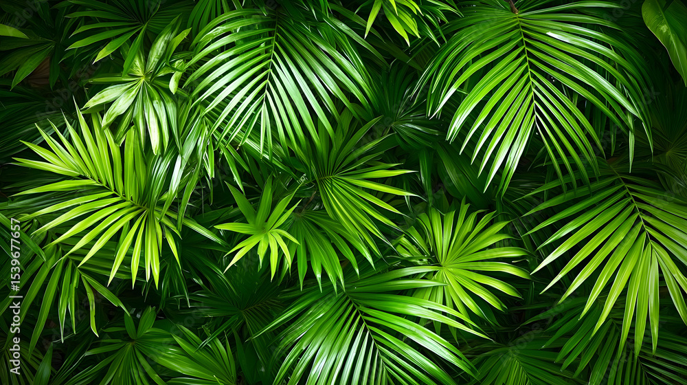 Vertical lush green palm leaves basking in sunlight, creating a vibrant and natural atmosphere Vertical lush green palm leaves basking in sunlight, creating a vibrant and natural atmosphere