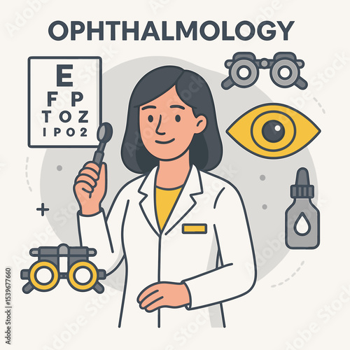 Flat Style Vector Illustration of Female Ophthalmologist with Eye Examination Tools Like Snellen Chart, Phoropter, and Eye Icon on Gray Background