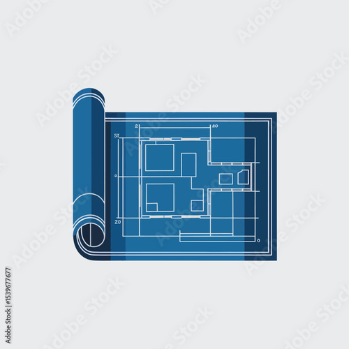 Architectural blueprint rolled out on white surface depicting a modern house plan design for construction and development projects